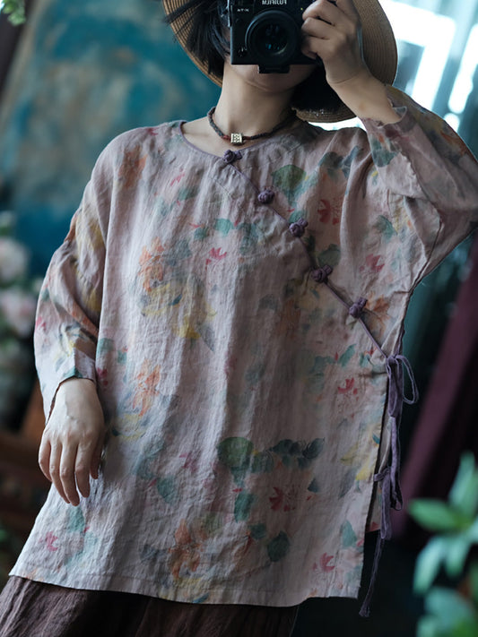 Chemise d'été en lin à bretelles et fleurs vintage pour femmes CC013