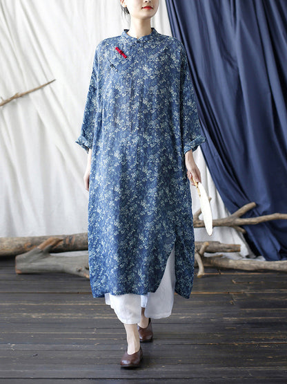 Women Summer Ethnic Floral Buckle Ramie Robe Dress CC018