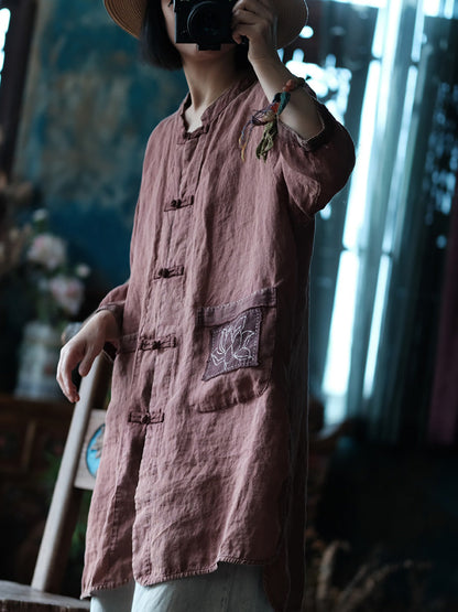 Women Summer Vintage Button-up Embroidery Linen Shirt Coat CC021