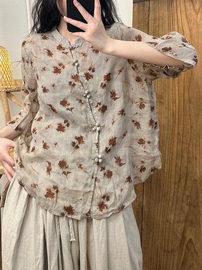 Women Summer Ethnic Flower Buckle Stand Collar Ramie Shirt CC026