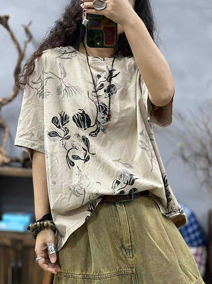 Women Summer Casual Flower O-Neck Loose Shirt CC027