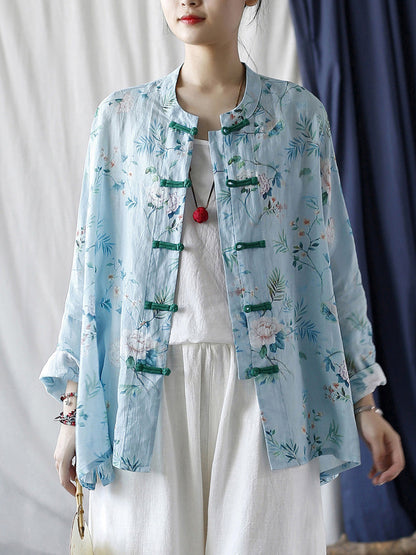 Women Summer Vintage Floral Button-up Ramie Shirt CX006