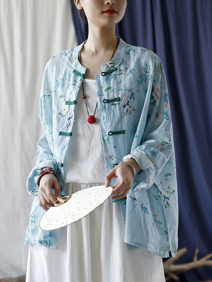 Women Summer Vintage Floral Button-up Ramie Shirt CX006