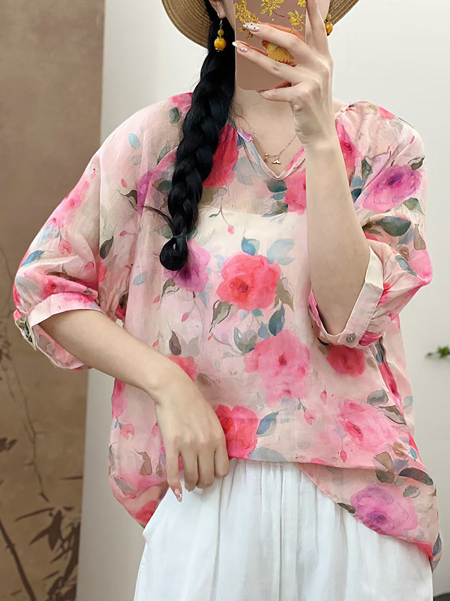 Women Summer Artsy Flower V-Neck Ramie Shirt CX009