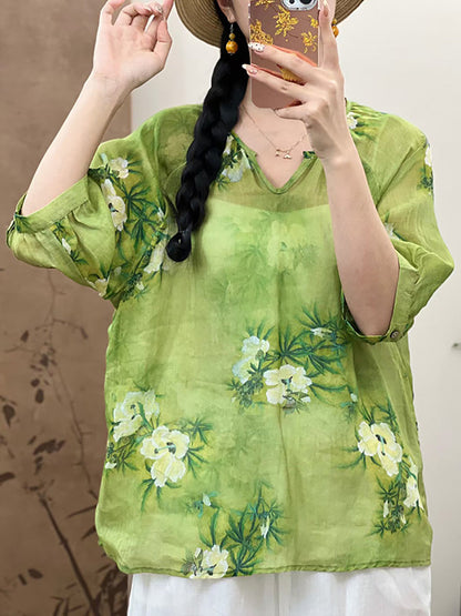 Women Summer Artsy Flower V-Neck Ramie Shirt CX009