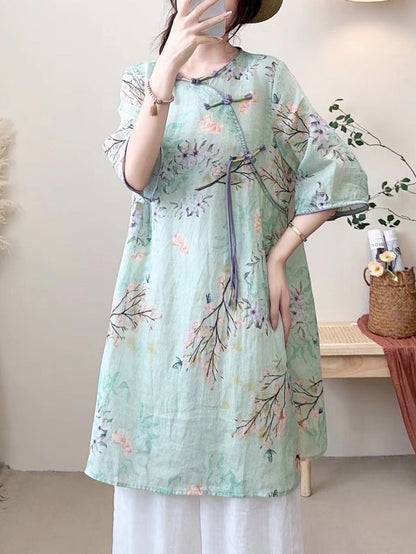 Women Summer Ethnic Flower Buckle O-Neck Ramie Dress CX023