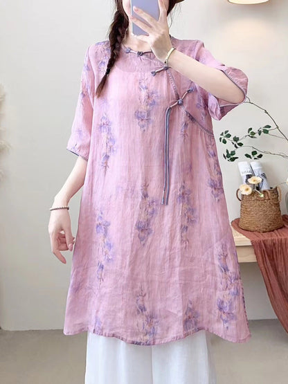 Women Summer Ethnic Flower Buckle O-Neck Ramie Dress CX023