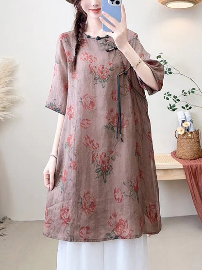 Women Summer Ethnic Flower Buckle O-Neck Ramie Dress CX023