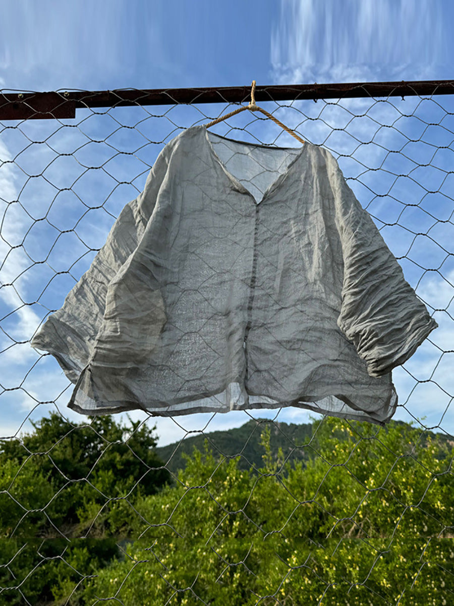 Chemise d'été en ramie unie à col en V pour femme CX026