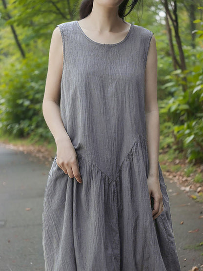 Women Retro Summer Solid Cotton Spliced O-Neck Vest Dress CX046