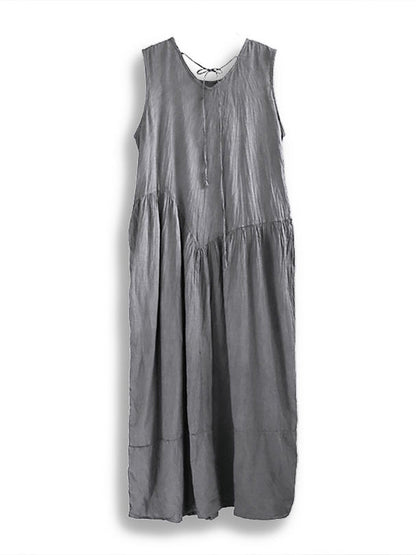 Women Retro Summer Solid Cotton Spliced O-Neck Vest Dress CX046