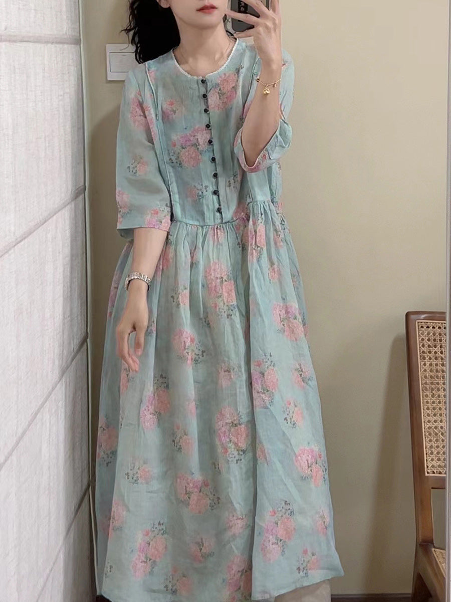 Robe d'été vintage à boutons floraux en ramie pour femmes CX061