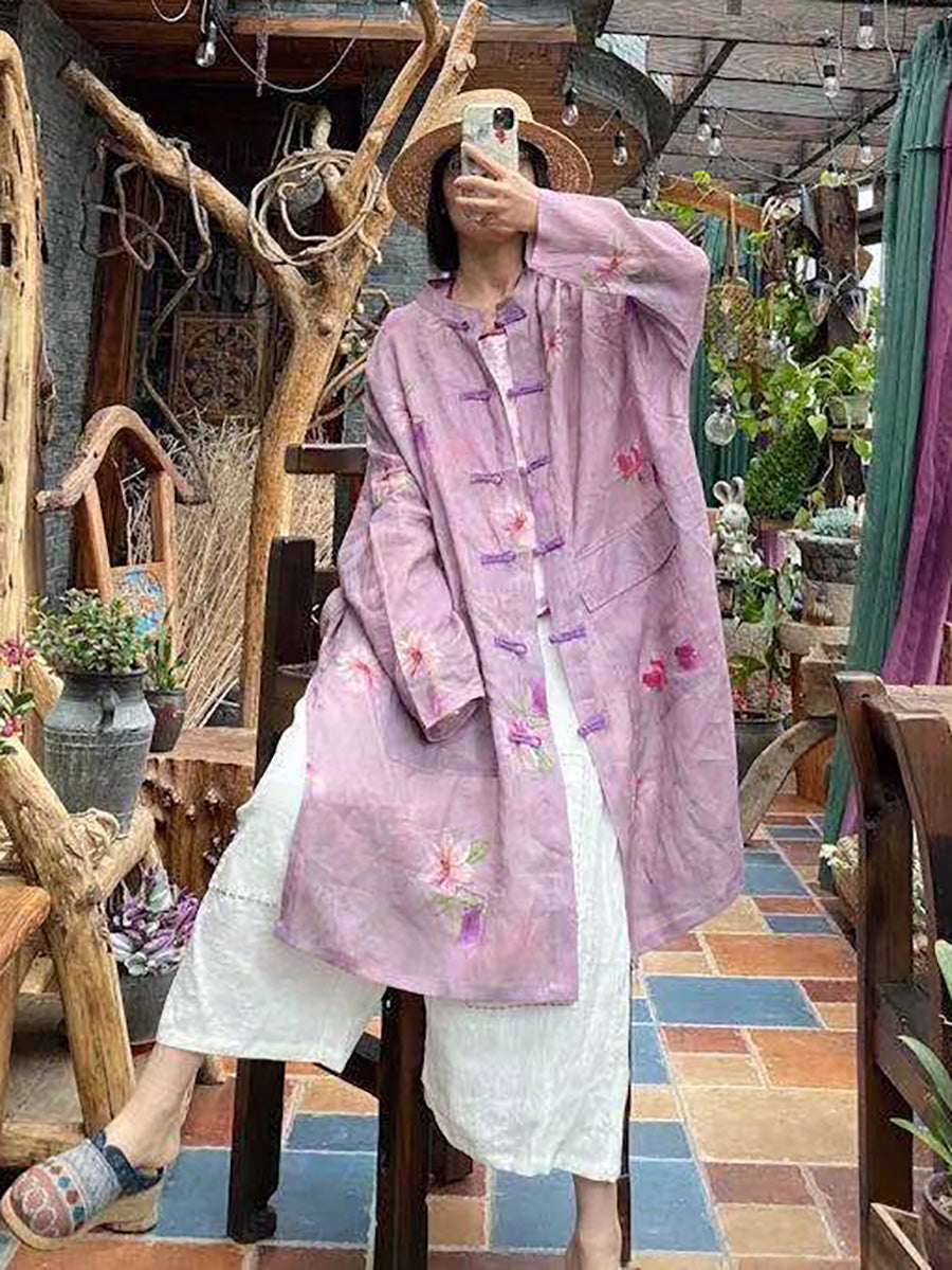 Women Summer Vintage Flower Button-up Ramie Shirt Coat FD008