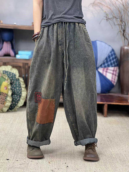 Women Summer Retro Patch Spliced Denim Harem Pants FD047