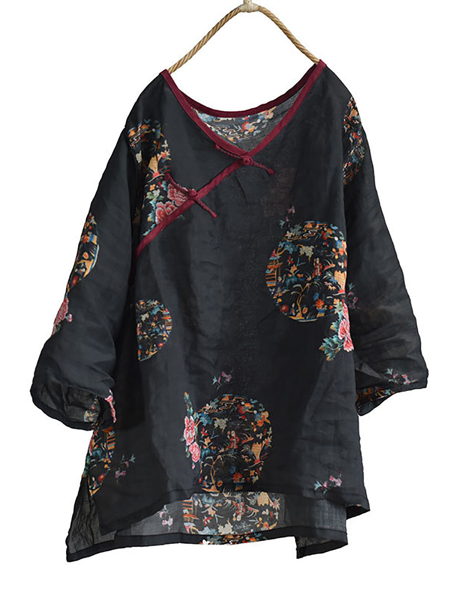 Chemise d'été en ramie à col en V et à fleurs vintage pour femme FD041