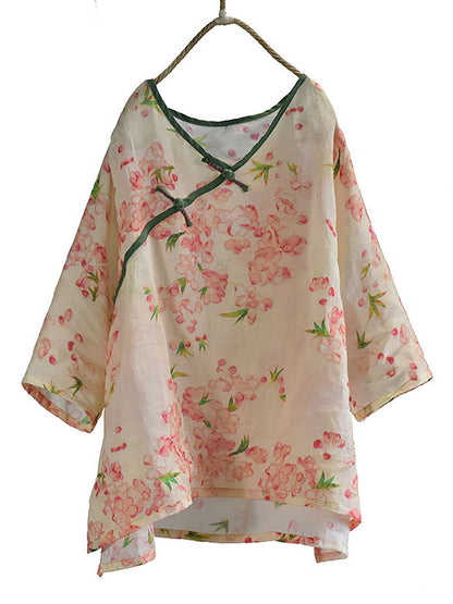 Women Summer Vintage Flower V-Neck Ramie Shirt FD041