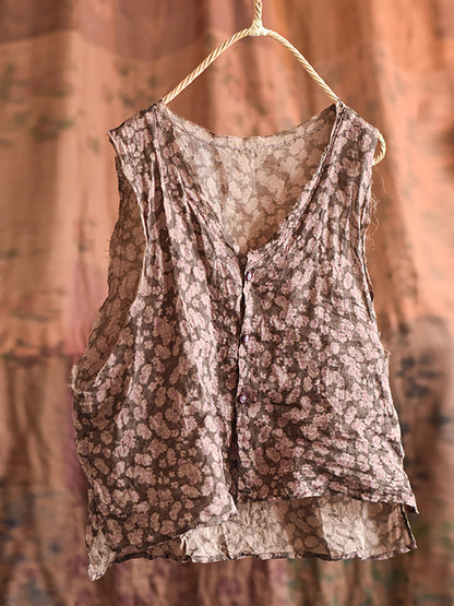 Women Artsy Floral Summer Ramie V-Neck Vest RR017