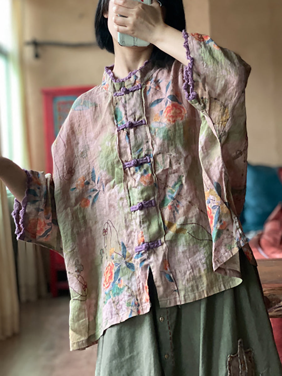 Chemise d'été en lin à boutons et fleurs ethniques pour femmes RR022 