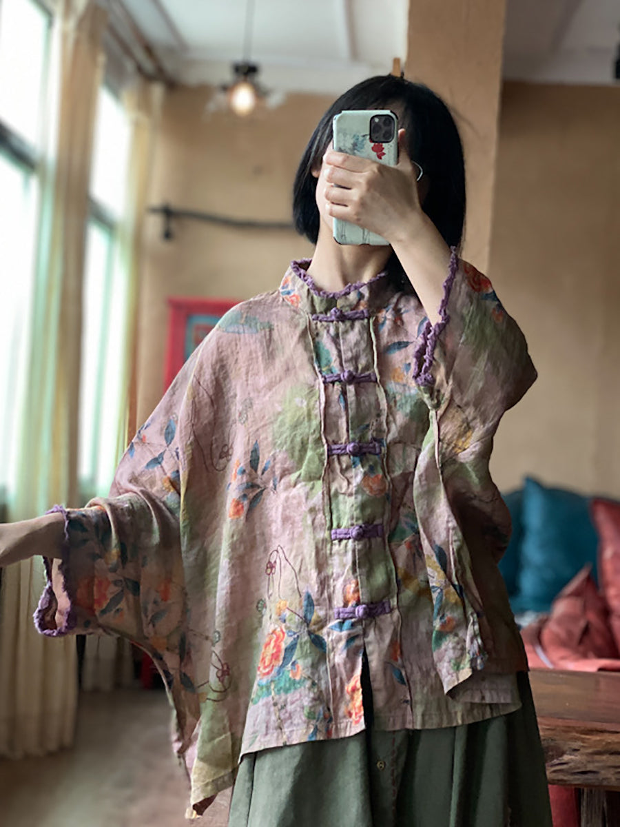 Chemise d'été en lin à boutons et fleurs ethniques pour femmes RR022 