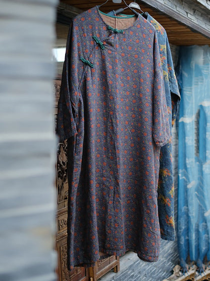 Women Autumn Vintage Floral O-Neck Cotton Dress RR018