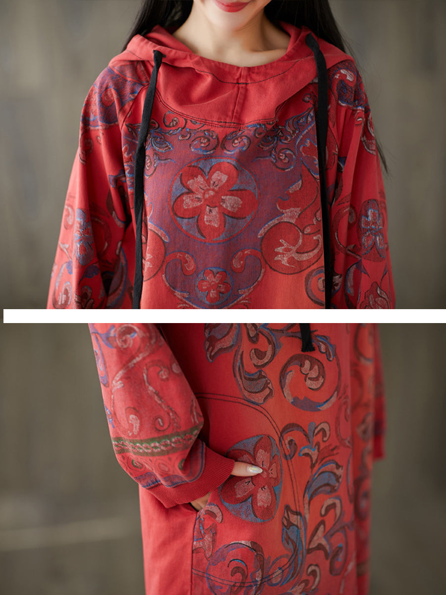 Women Vintage Flower Autumn Hooded Dress AS1041