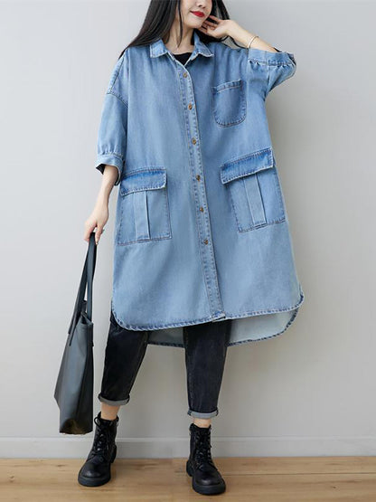 Women Autumn Vintage Three Quarter Sleeve Loose Denim Shirt Dress AS1035