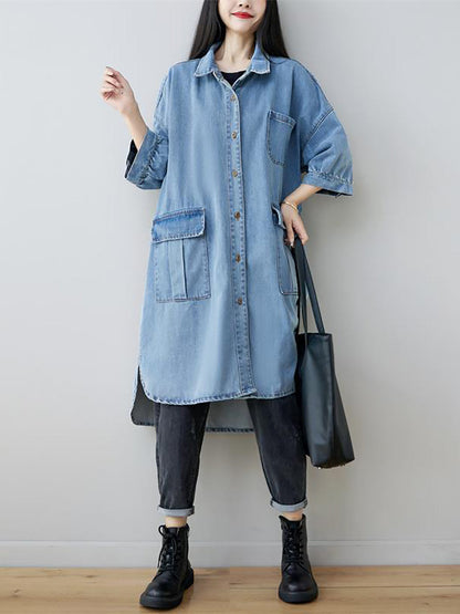 Women Autumn Vintage Three Quarter Sleeve Loose Denim Shirt Dress AS1035