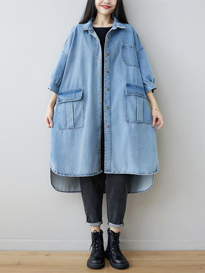 Women Autumn Vintage Three Quarter Sleeve Loose Denim Shirt Dress AS1035