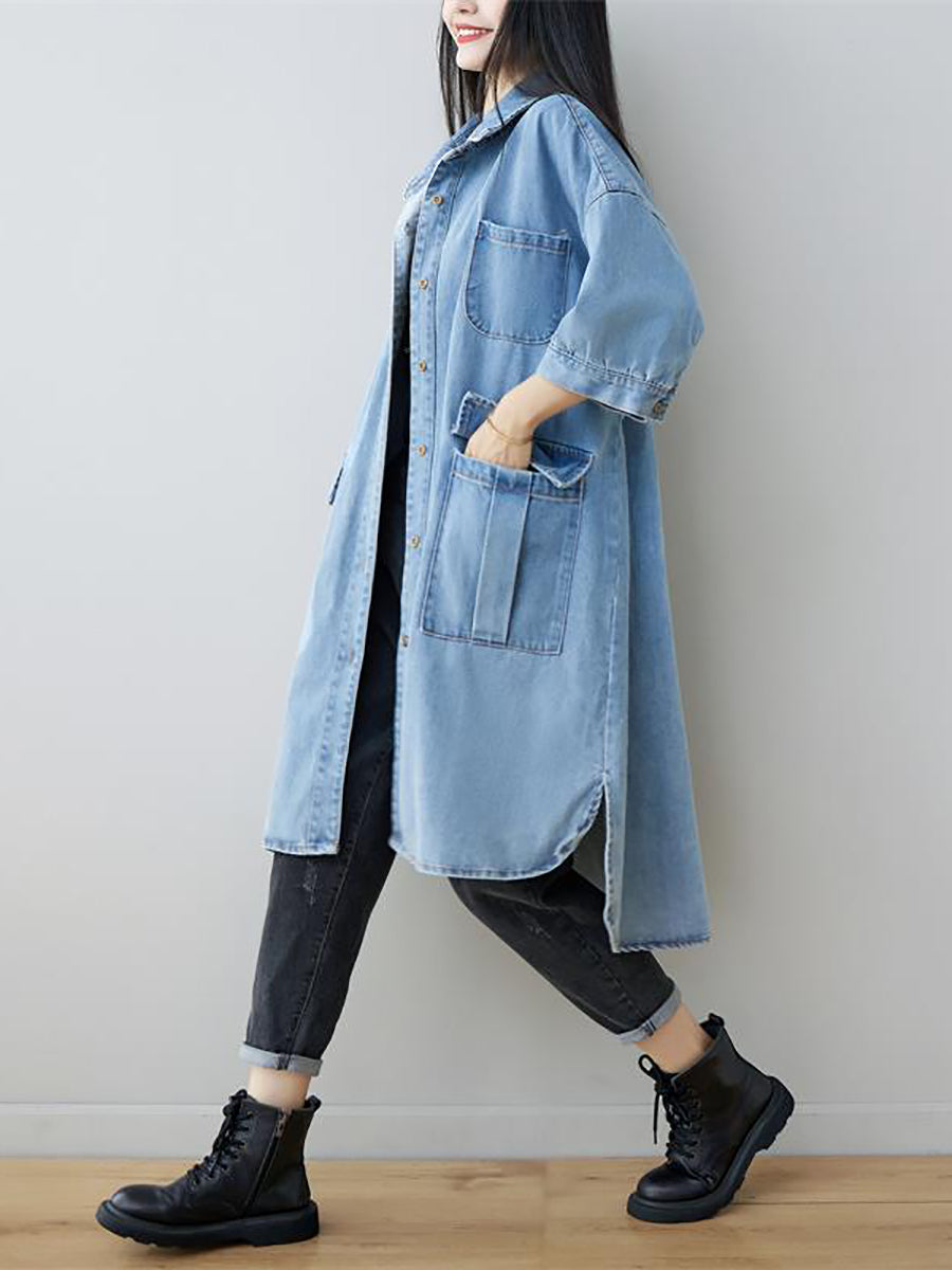 Women Autumn Vintage Three Quarter Sleeve Loose Denim Shirt Dress AS1035