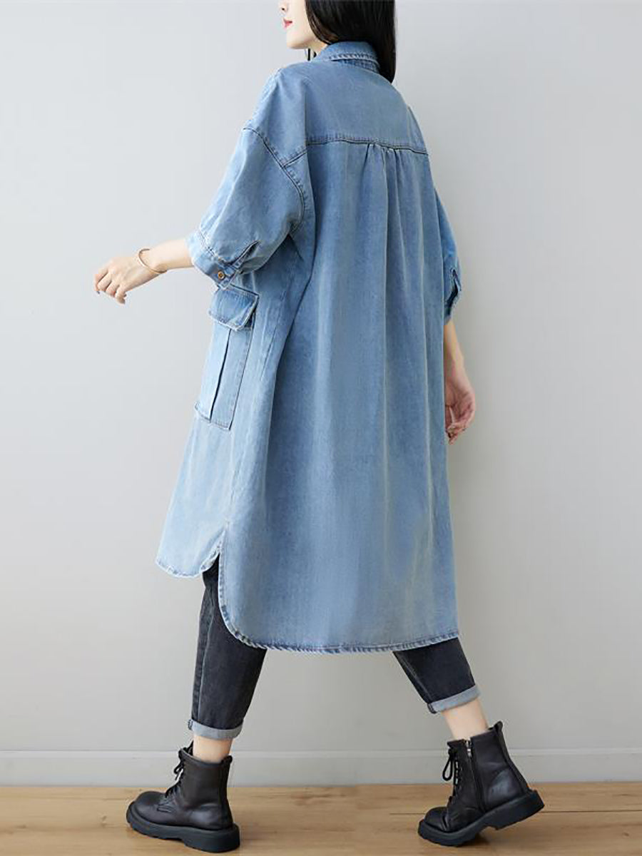 Women Autumn Vintage Three Quarter Sleeve Loose Denim Shirt Dress AS1035