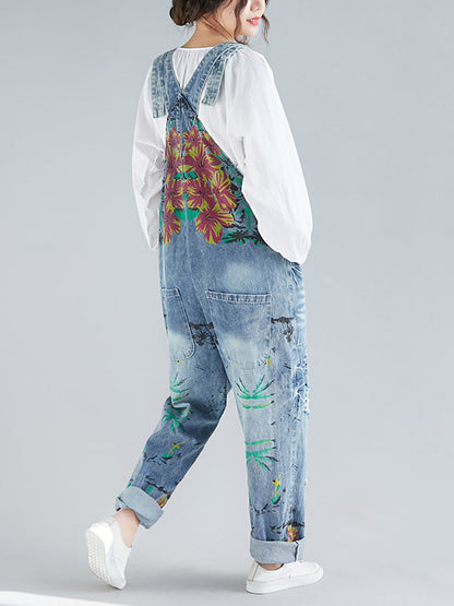 Women Summer Flower Denim Pocket Jumpsuits AS1040