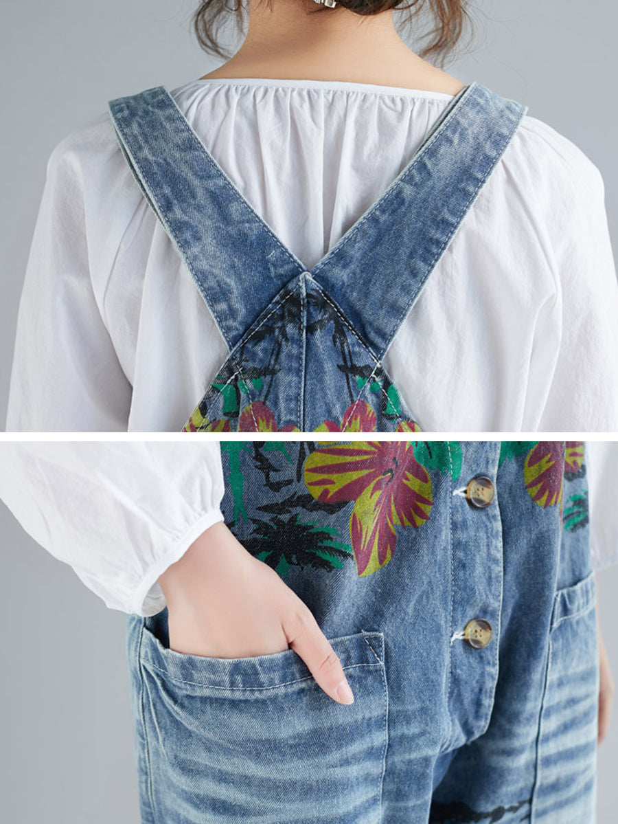 Women Summer Flower Denim Pocket Jumpsuits AS1040