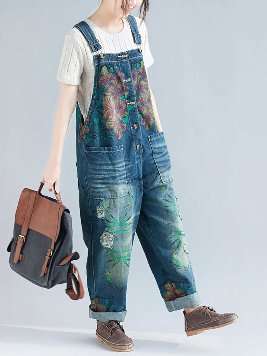 Women Summer Flower Denim Pocket Jumpsuits AS1040