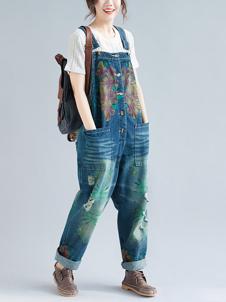 Women Summer Flower Denim Pocket Jumpsuits AS1040