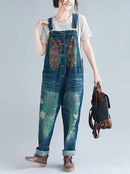 Women Summer Flower Denim Pocket Jumpsuits AS1040