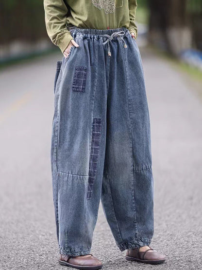 Women Autumn Retro Patch Denim Spliced Harem Pants AS1034