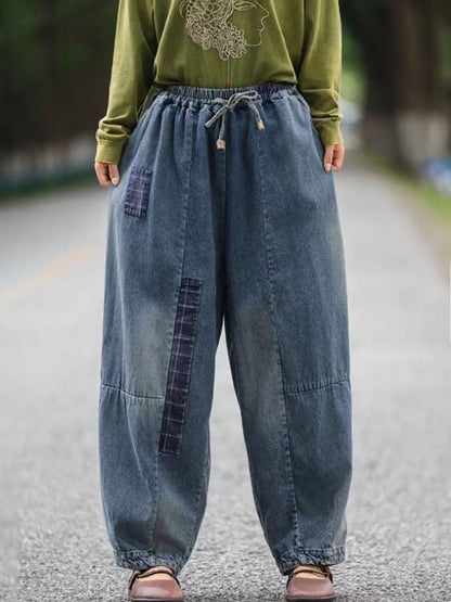 Women Autumn Retro Patch Denim Spliced Harem Pants AS1034