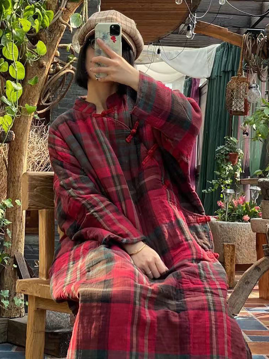 Women Vintage Plaid Winter Button Cotton Robe Coat AS1044