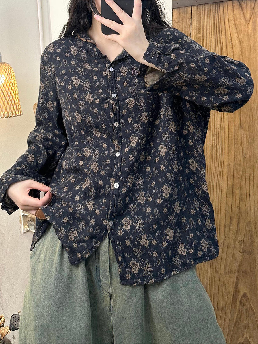 Women Autumn Flower Button-up Turn-down Collar Cotton Blouse AS1032