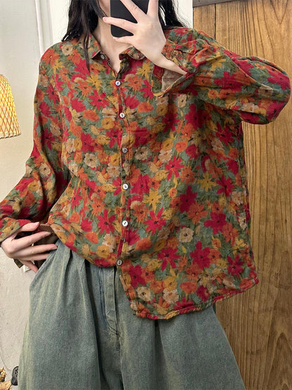 Women Autumn Flower Button-up Turn-down Collar Cotton Blouse AS1032