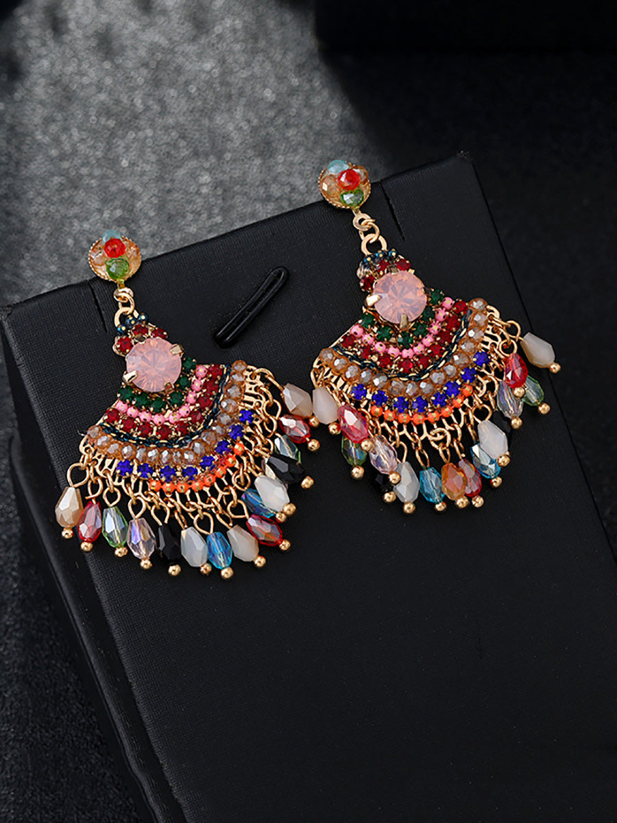 Women Vintage Crystal Tassel Fan Shape Earrings AS1028