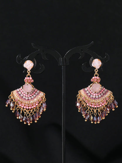 Women Vintage Crystal Tassel Fan Shape Earrings AS1028