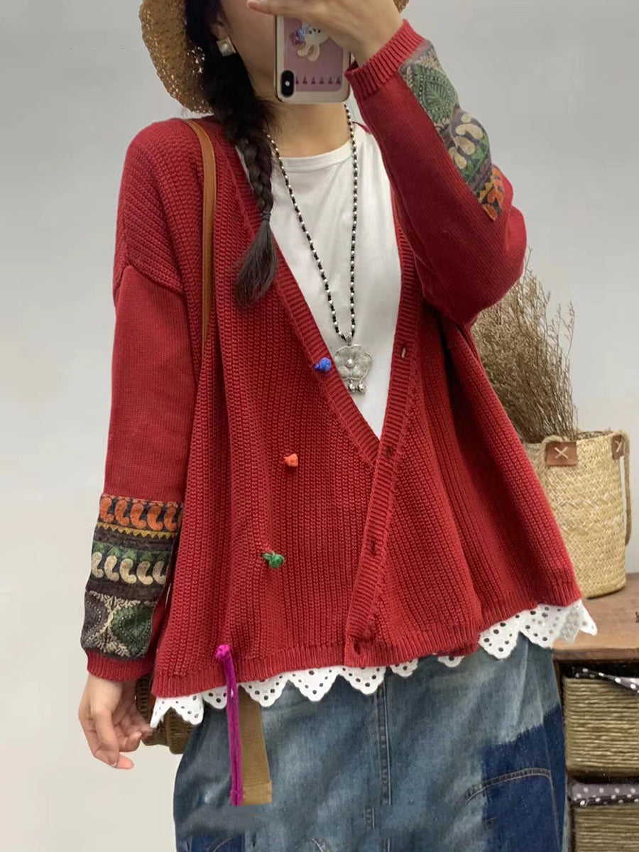 Women Autumn Vintage Patch V-Neck Knit Sweater AS1025