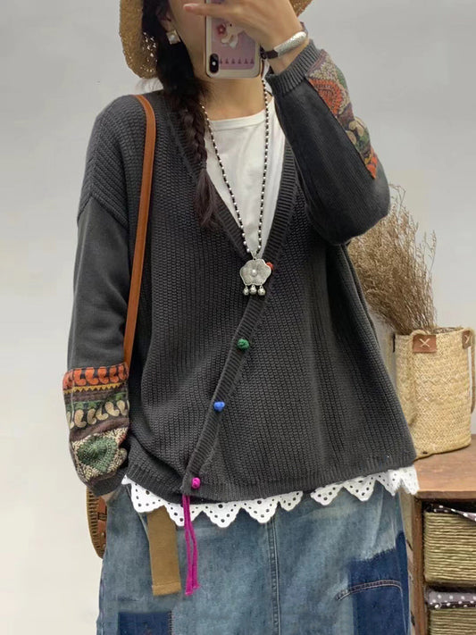 Women Autumn Vintage Patch V-Neck Knit Sweater AS1025