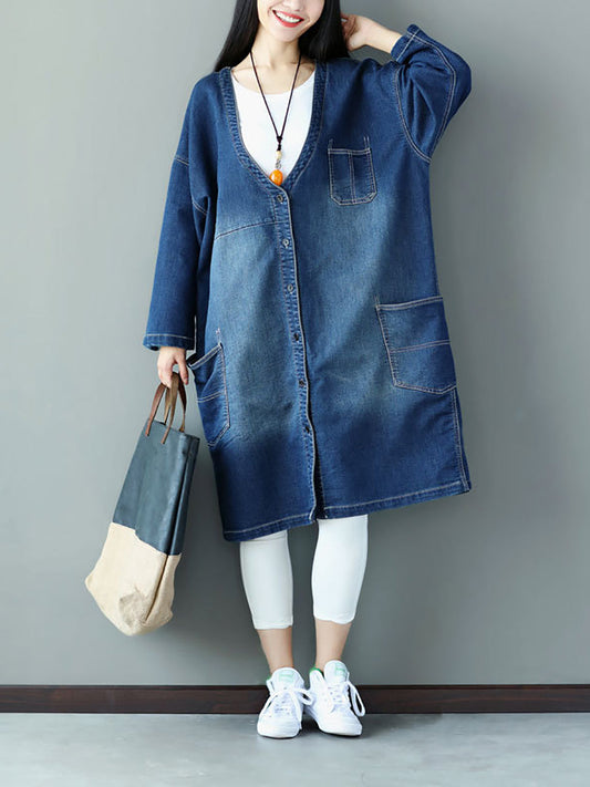 Women Autumn Casual Flower Patch Back Denim Coat AS1021