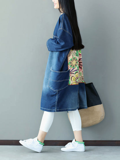 Women Autumn Casual Flower Patch Back Denim Coat AS1021