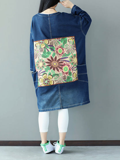 Women Autumn Casual Flower Patch Back Denim Coat AS1021