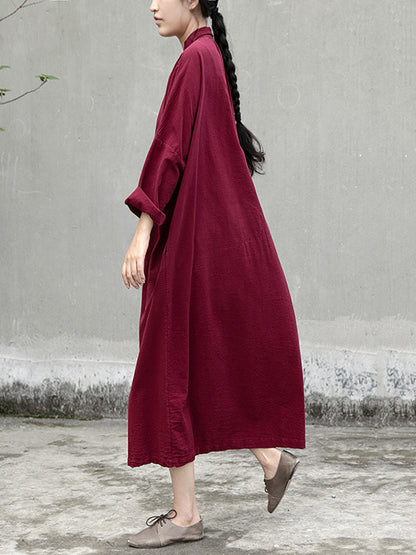 Women Artsy Autumn Solid Turn-down Collar Cotton Dress AT1057