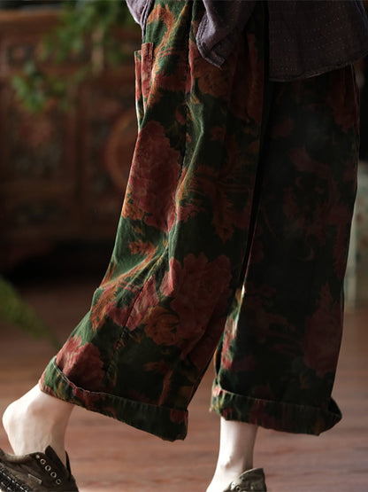 Women Vintage Autumn Flower Wide-leg 100%Cotton Pants AT1060