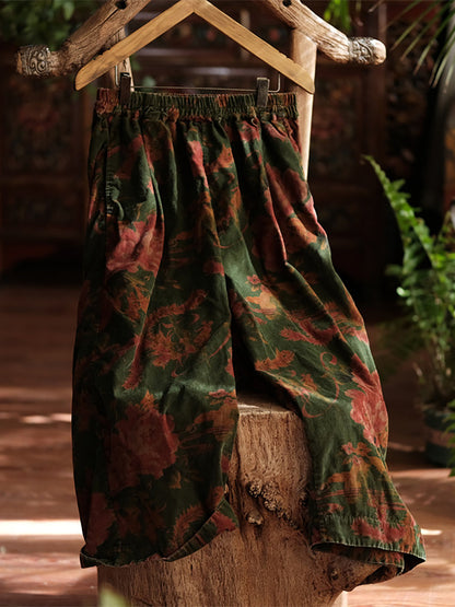 Women Vintage Autumn Flower Wide-leg 100%Cotton Pants AT1060